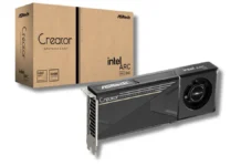 ASRock Intel Arc Pro B65 Creator and Passive GPUs Surface With 32GB GDDR6 ASRock Intel Arc Pro B65 Creator graphics card shown beside retail packaging box