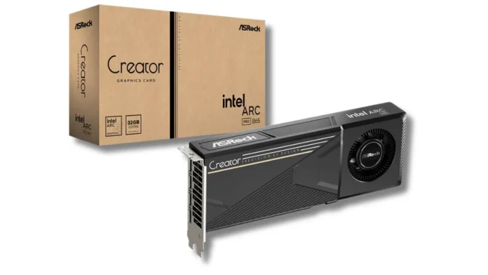 ASRock Intel Arc Pro B65 Creator graphics card shown beside retail packaging box
