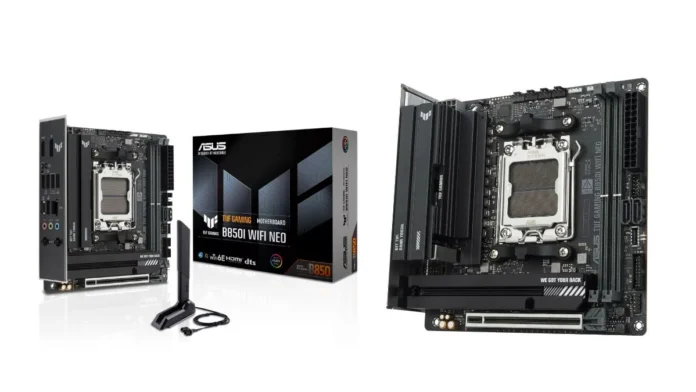 ASUS TUF Gaming B850I WIFI NEO retail package and motherboard ASUS TUF Gaming B850I WIFI NEO motherboard shown with retail box and included accessories