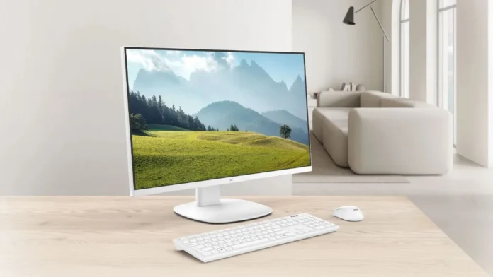 ASUS V400 and V600 all-in-one PC displayed on desk with keyboard and mouse in home setup