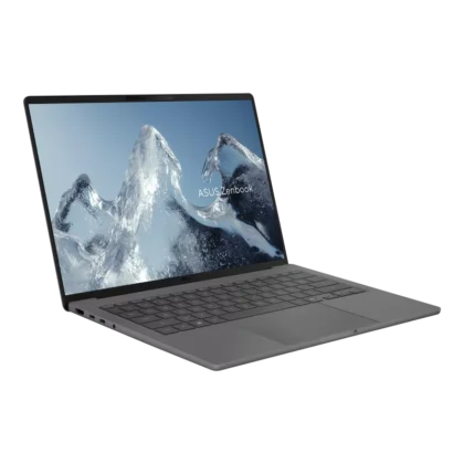 ASUS Zenbook A14 laptop shown open from front angle with display active