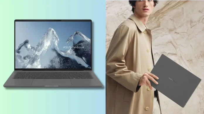 ASUS Zenbook A14 shown open on left and carried closed by person on right side