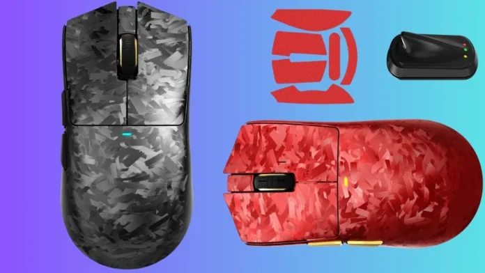 Attack Shark X11 Ultra gaming mouse shown in black and red carbon fiber finish variants