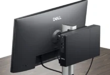 Dell Pro Micro Thin Client Q9M1260 Launches With Fanless 7W Intel Platform Dell Pro Micro Thin Client Q9M1260 mounted behind Dell monitor showing compact fanless design and cable-managed workspace setup
