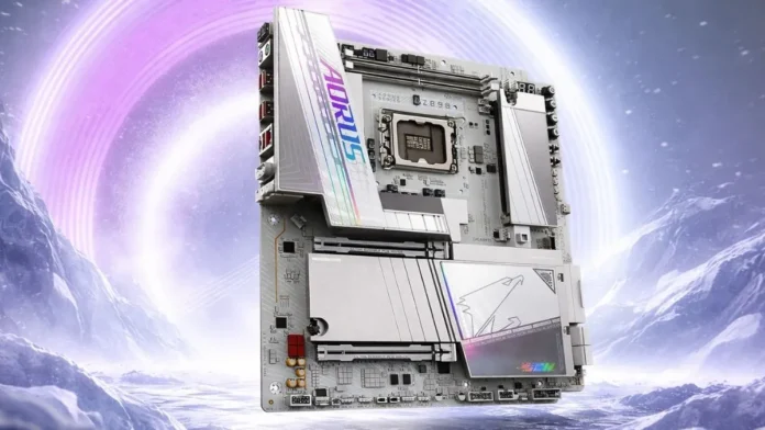 Gigabyte Z890 TACHYON DUO X ICE motherboard shown in angled hero product view