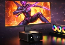 GMKtec EVO-T2S Packs Core Ultra X7, Arc B390, 10GbE, 180 TOPS AI GMKtec EVO-T2S mini PC connected to gaming monitor in desktop setup beside RGB graphics card display