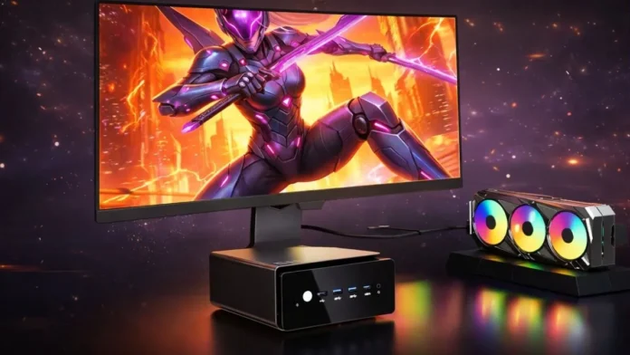 GMKtec EVO-T2S mini PC connected to gaming monitor in desktop setup beside RGB graphics card display