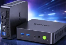 GMKtec NucBox K17 Mini PC Launches With Core Ultra 5 226V, USB4 eGPU Support Front view of GMKtec K17 mini PC showing USB3 ports, USB4 port, audio jack, and power button