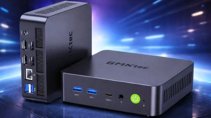 Front view of GMKtec K17 mini PC showing USB3 ports, USB4 port, audio jack, and power button