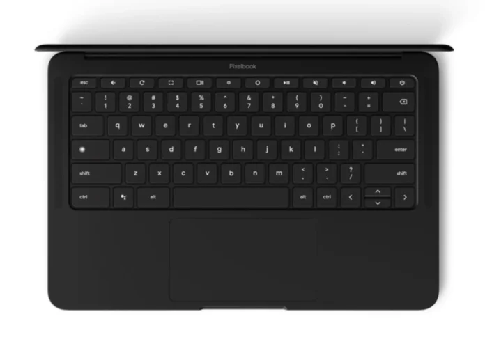 Google Pixel Laptop shown from top view with black keyboard layout and centered trackpad