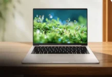 Honor MagicBook 14 (2026) Launches With 92Wh Battery, Panther Lake, 2.8K 120Hz Honor MagicBook 14 laptop shown open from front with display active on wooden desk