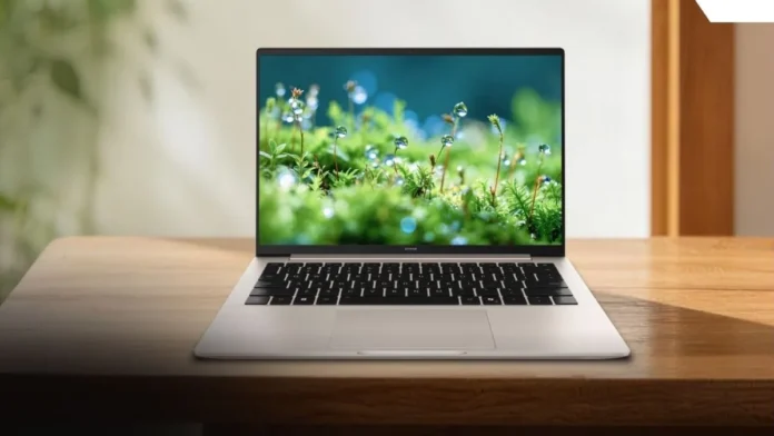 Honor MagicBook 14 laptop front open display view Honor MagicBook 14 laptop shown open from front with display active on wooden desk