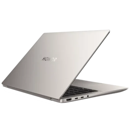 Honor MagicBook 14 shown from rear angle with partially open lid and side ports visible