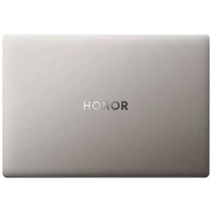 Honor MagicBook 16 2026 top lid close view featuring HONOR branding on smooth metallic surface