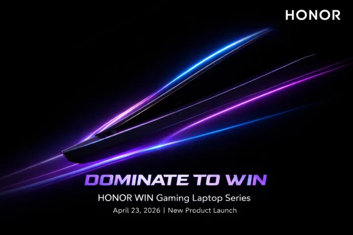 Honor WIN Gaming Laptop promotional banner showing Dominate to Win tagline and launch date