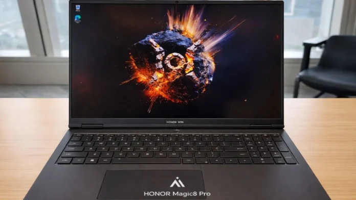 Honor WIN H7 Gaming Laptop shown open on desk with display on and full keyboard layout