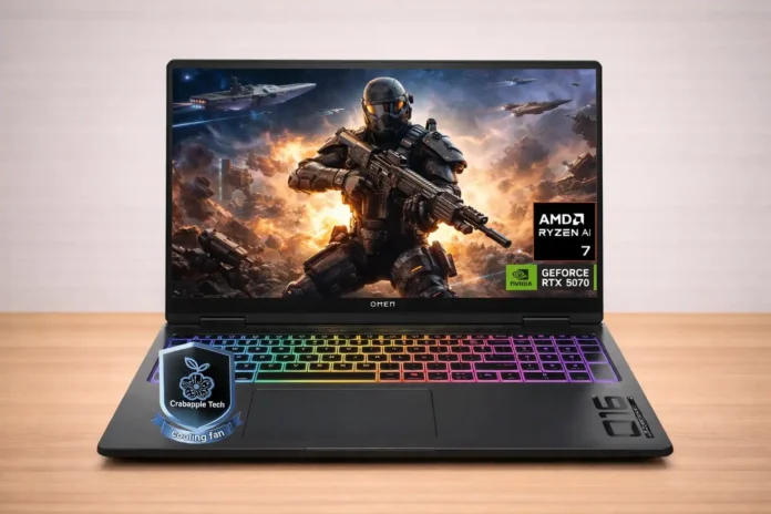 HP Omen Max 16 laptop front view displaying game scene with RGB keyboard lighting