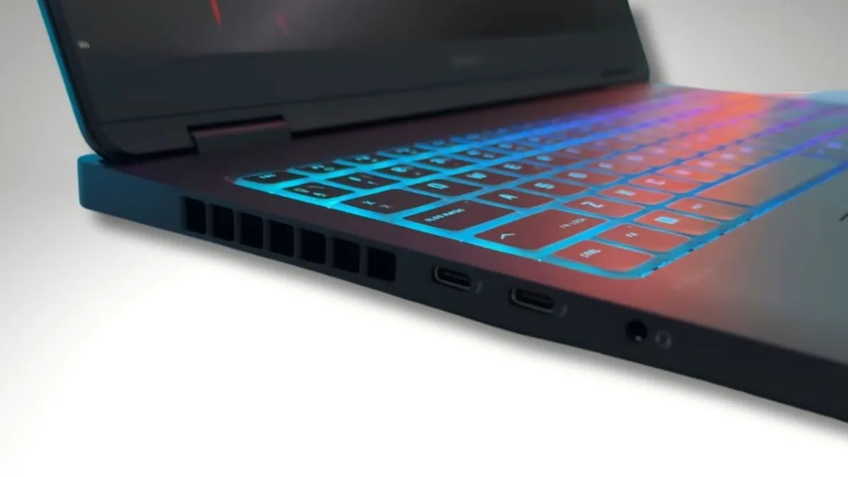 HP Omen Max 16 laptop close-up showing RGB keyboard lighting and side ports with cooling vents
