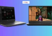 HP Teases HyperX Shadow Elf 2026 Gaming Laptops Ahead of April 20 Launch HyperX Shadow Elf 2026 gaming laptop shown in dual setup with one unit displaying system control interface and another running FPS gameplay on a 16 inch display
