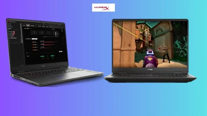 HyperX Shadow Elf 2026 gaming laptop shown in dual setup with one unit displaying system control interface and another running FPS gameplay on a 16 inch display