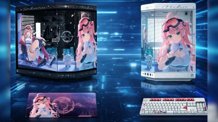 HYTE Sakura Miko hololive Y70 collection showcase HYTE Sakura Miko hololive Y70 collection featuring black and white PC cases with matching accessories