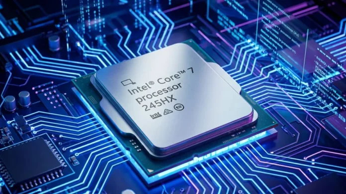 Intel Core 7 245HX processor shown as chip render mounted on illuminated motherboard circuit board