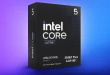 Intel Core Ultra 5 250KF Plus, First Arrow Lake Refresh CPU Under $200 Intel Core Ultra 5 250KF Plus processor box shown at an angle highlighting design and branding