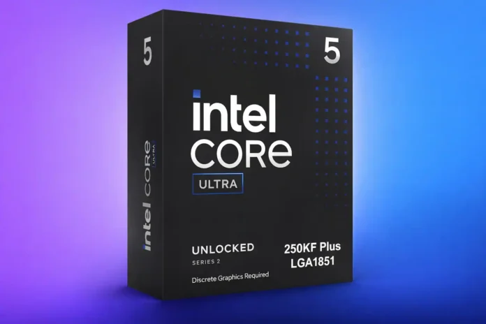 Intel Core Ultra 5 250KF Plus retail box angled view Intel Core Ultra 5 250KF Plus processor box shown at an angle highlighting design and branding