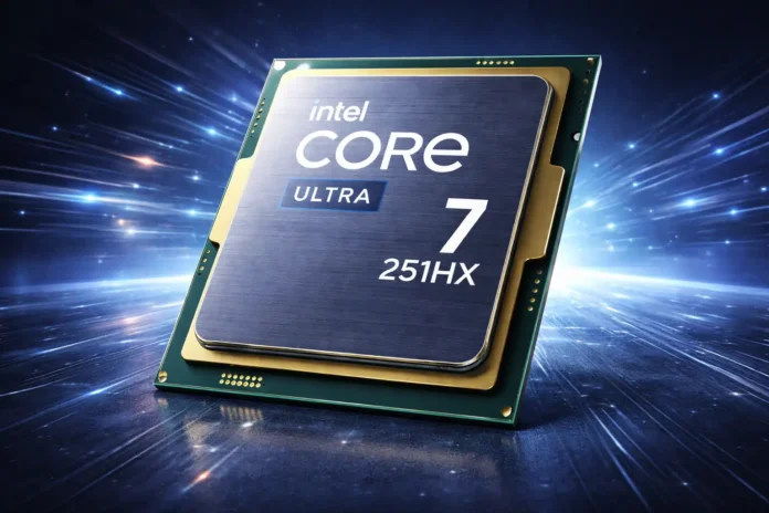 Intel Core Ultra 7 251HX processor chip close-up Intel Core Ultra 7 251HX processor chip with branding on metallic surface