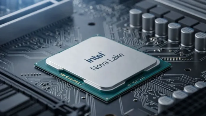 Intel Nova Lake processor mounted on motherboard showing next-generation desktop CPU close-up design