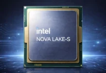 Intel Nova Lake-S Update Points to a 44-Core Desktop CPU, Up From 42 cores Close-up render of Intel Nova Lake-S desktop processor chip with metallic finish and branding