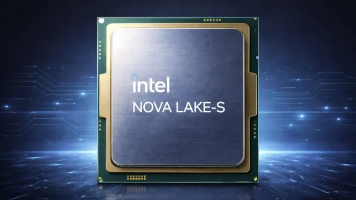 Close-up render of Intel Nova Lake-S desktop processor chip with metallic finish and branding
