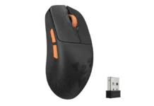 Keychron G3 Gaming Mouse Brings 44g Weight, 8K Polling, Carbon Fiber Option Black Keychron G3 gaming mouse with orange accents shown alongside wireless USB receiver dongle