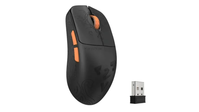 Black Keychron G3 gaming mouse with orange accents shown alongside wireless USB receiver dongle