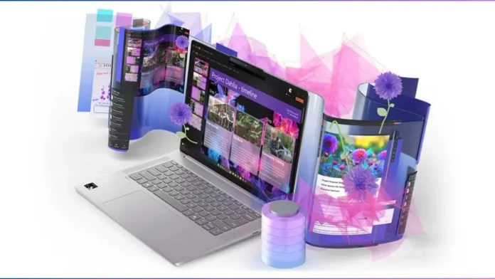 Lenovo IdeaPad Slim 5x showing flexible display concept with extended and curved screen visuals