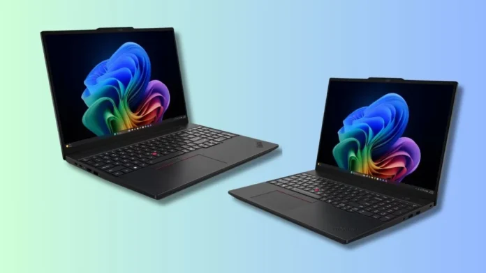 Lenovo ThinkPad T16 Gen 5 shown in dual setup displaying front design, keyboard layout, and screen from different angles