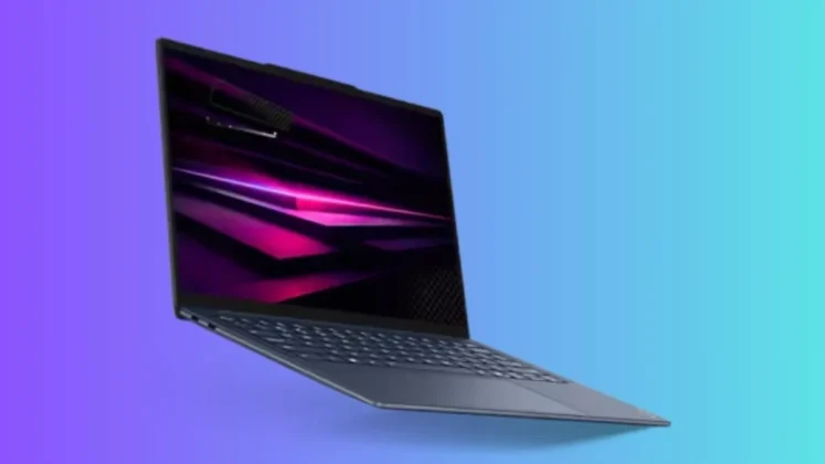 Lenovo Yoga Slim 7x 14 Gen 11 shown in angled floating position highlighting thin design