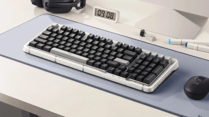 Logitech Alto Keys Amber K98 Plus angled keyboard view Logitech Alto Keys Amber K98 Plus keyboard shown at angle with black keycaps on desk setup