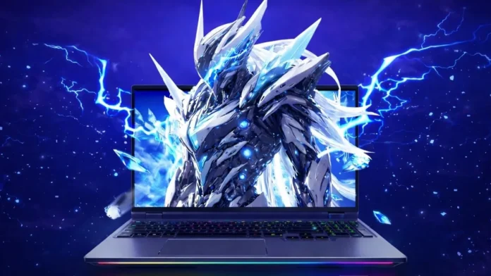 Mechrevo Elite 16 Ultra laptop showing gaming display with lightning effects and RGB keyboard