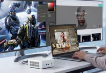 Minisforum M1 Lite Mini PC with Core Ultra 5, 96GB RAM Starts at $311 MINISFORUM Elite M1 Lite-125U connected to laptop and dual monitors in a workspace setup