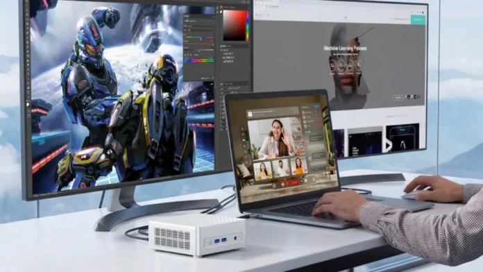 MINISFORUM Elite M1 Lite-125U connected to laptop and dual monitors in a workspace setup