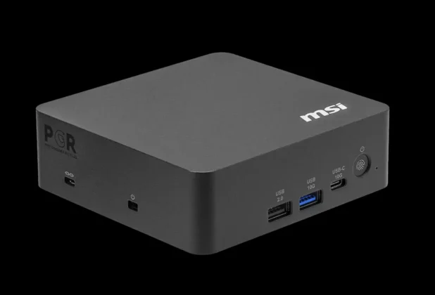 Angled front left view of MSI Cubi NUC AI+ 3MG compact desktop mini PC
