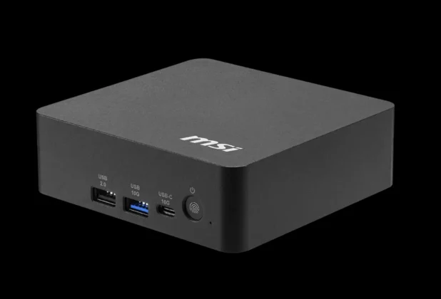 Angled front right perspective of MSI Cubi NUC AI+ 3MG mini PC chassis