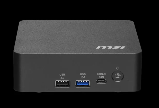 Front view of MSI Cubi NUC AI+ 3MG mini PC showing USB ports USB C and power button
