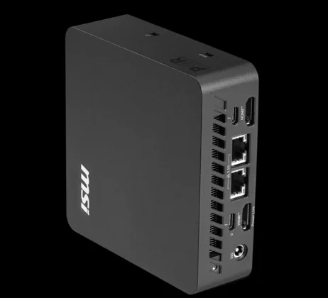 Rear angled view of MSI Cubi NUC AI+ 3MG mini PC showing HDMI Ethernet and rear ports