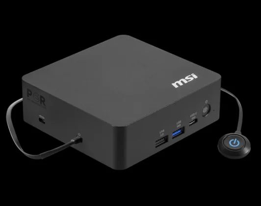 MSI Cubi NUC AI+ 3MG mini PC connected with external remote power button accessory