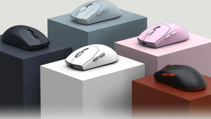 MSI FORGE GM340 Wireless Mouse displayed in multiple color options including black, white, blue, and pink