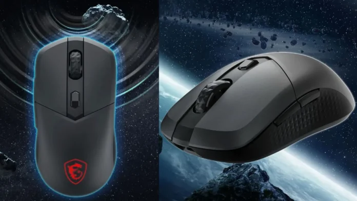 MSI VERSA 300 Wireless 8K Mouse shown in top and angled product views against space background