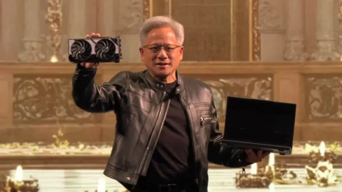 Nvidia CEO Jensen Huang AI GPU Announcement Nvidia CEO Jensen Huang holding a GPU during keynote amid PC acquisition rumor news