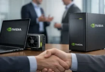 NVIDIA PC Maker Acquisition Rumor Triggers Dell, HP Stock Jump NVIDIA branded desktop PC and laptop with handshake in foreground representing potential acquisition deal with PC manufacturer amid market speculation